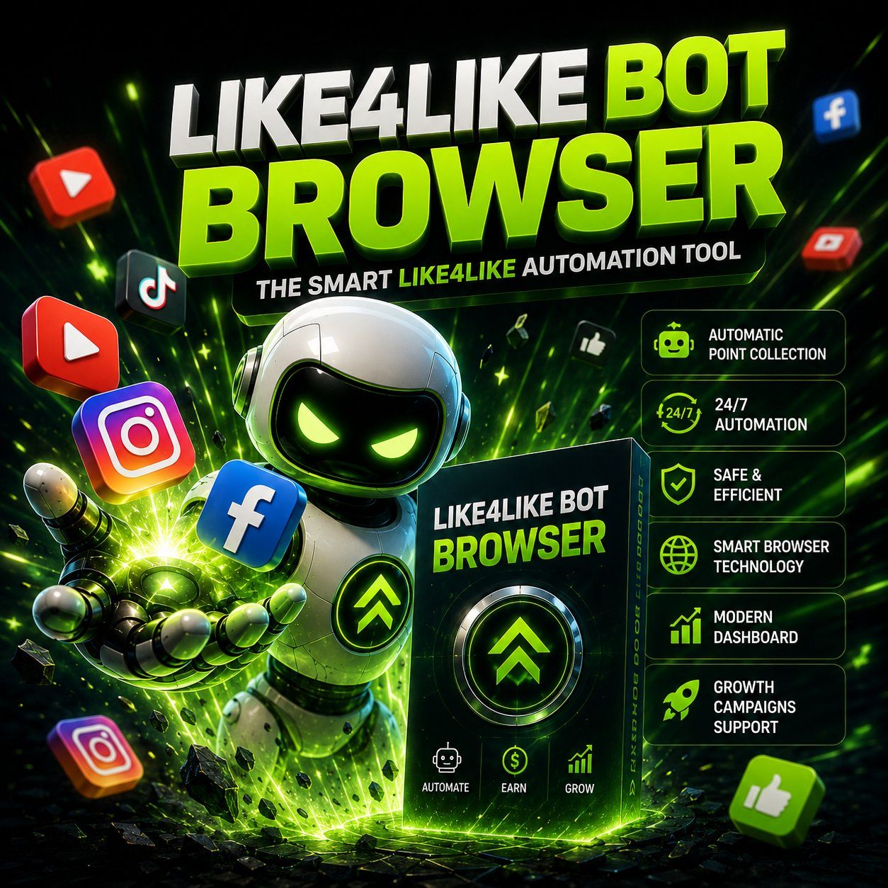 Like4Like Bot Browser — smart automation tool with automatic point collection, 24/7 automation, safe and efficient, smart browser technology and modern dashboard