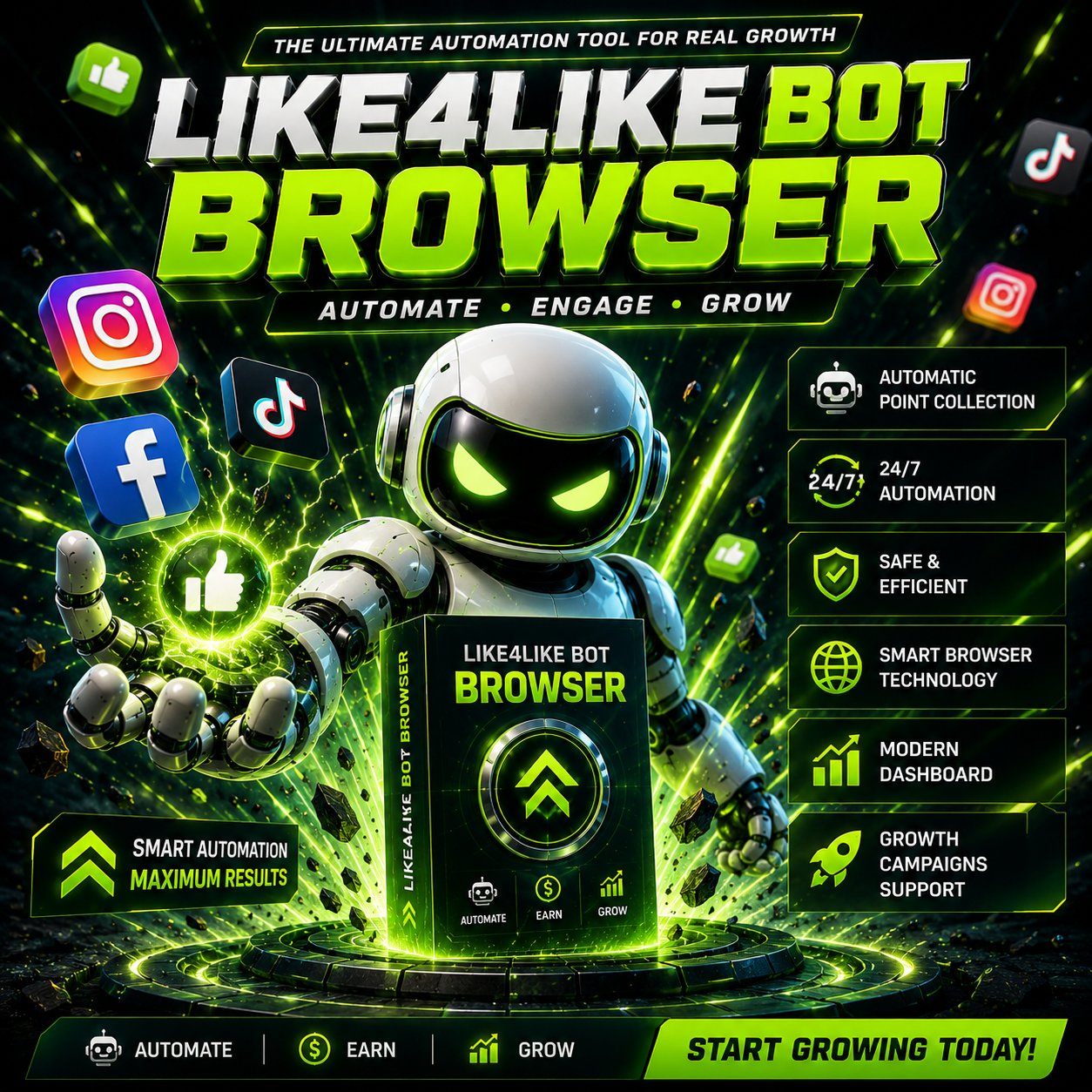 Like4Like Bot Browser — the ultimate automation tool for real growth on TikTok, Instagram, Facebook and YouTube. Automate, Earn, Grow