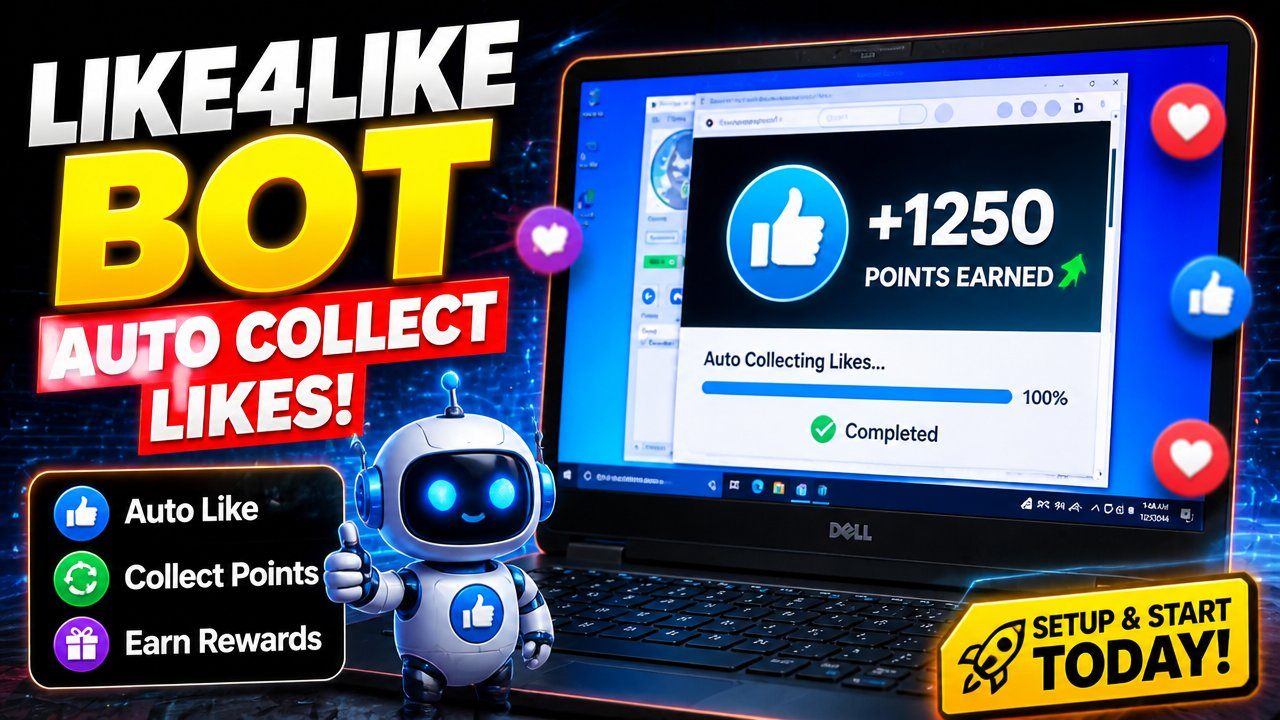 Like4Like Bot — Auto Collect Likes showing +1250 points earned with 100% completion status. Auto Like, Collect Points, Earn Rewards. Setup and Start Today.